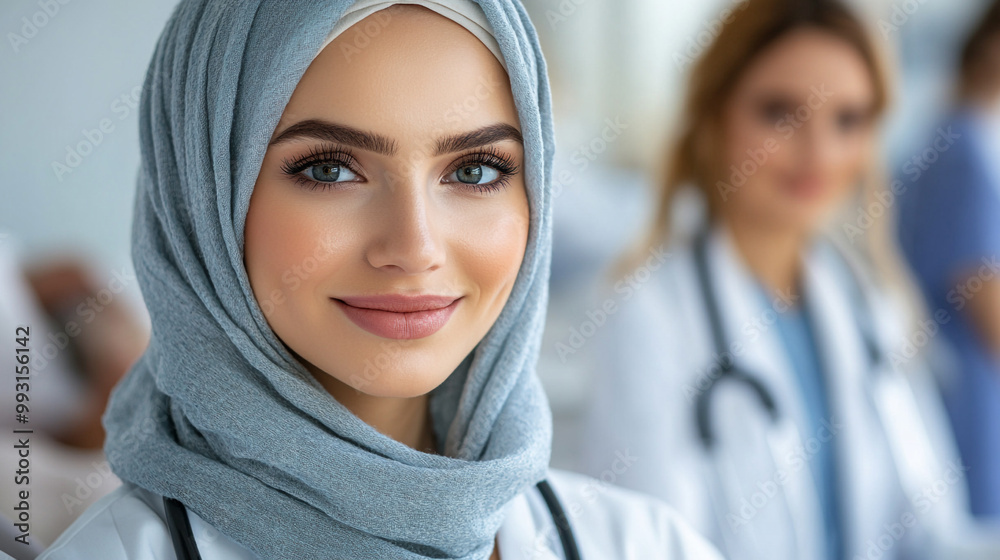 Confident female doctor in hijab smiling at the camera, representing diversity and professionalism in healthcare. Confident female doctor in hijab smiling at the camera, representing diversity and professionalism in healthcare.
