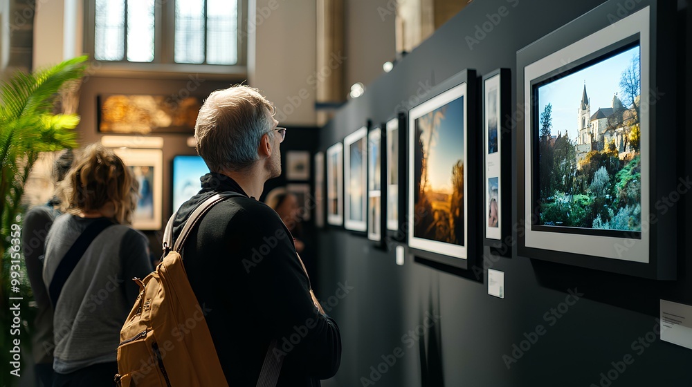 A visitor gazes at framed photographs in a vibrant art gallery, surrounded by rich architecture and a hint of greenery. A visitor gazes at framed photographs in a vibrant art gallery, surrounded by rich architecture and a hint of greenery.