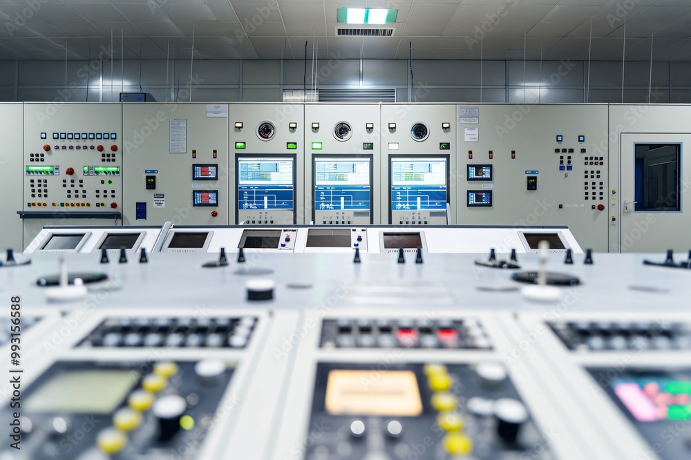 Control room of a power plant with multiple screens showing data with nobody in the room Control room of a power plant with multiple screens showing data with nobody in the room