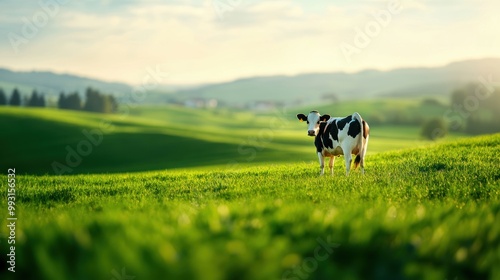 A serene cow grazing peacefully on lush green grass in a picturesque landscape under a clear sky.