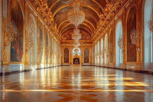  Grand, golden ballroom with opulent chandeliers and ornate walls, bathed in sunlight, reflecting the luxurious and royal ambiance of historical palaces.