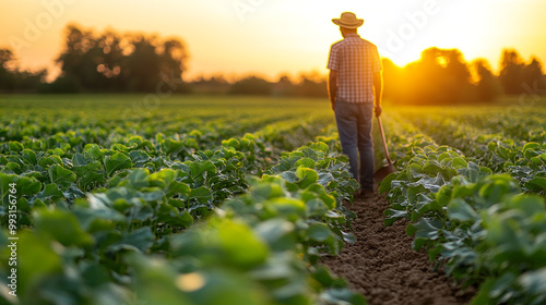 A farmer walks through a lush green field at sunset, capturing the essence of agricultural tranquility and hard work. photo