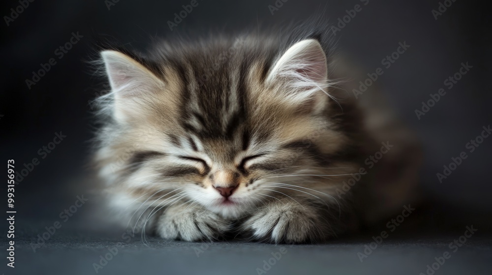 Adorable fluffy kitten with closed eyes lying down, peacefully sleeping on a dark background. Perfect for pet and animal-themed stock photos. Adorable fluffy kitten with closed eyes lying down, peacefully sleeping on a dark background. Perfect for pet and animal-themed stock photos.