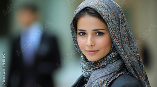 Portrait of a woman in a headscarf, exuding elegance and confidence with a soft smile, showcasing cultural beauty.