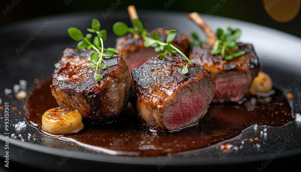 Succulent grilled lamb chops served on a black plate, garnished with fresh herbs and accompanied by a rich sauce. Succulent grilled lamb chops served on a black plate, garnished with fresh herbs and accompanied by a rich sauce.