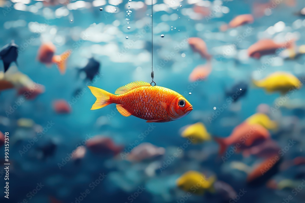 Vibrant orange fish caught on a hook underwater, surrounded by colorful fish, symbolizing the excitement of fishing and underwater adventure. Vibrant orange fish caught on a hook underwater, surrounded by colorful fish, symbolizing the excitement of fishing and underwater adventure.