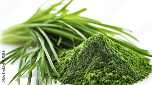 Vibrant Wheatgrass Powder on White Background photo