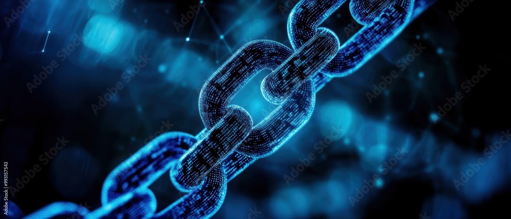 Abstract digital chain link in blue tones on a dark background, symbolizing security and connectivity in technology. Abstract digital chain link in blue tones on a dark background, symbolizing security and connectivity in technology.