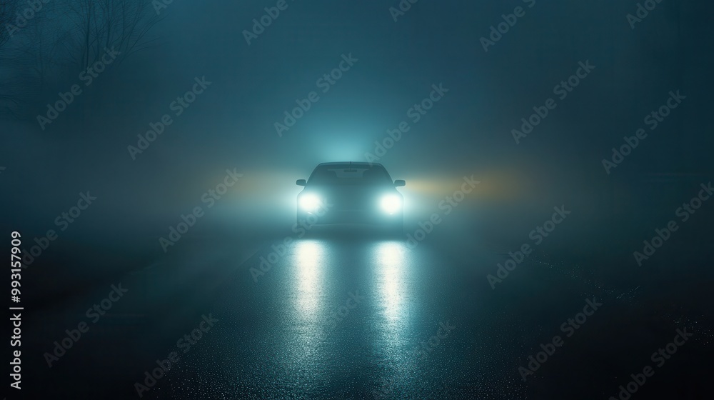 A car emerges from dense fog, illuminated by its headlights, creating a mysterious and atmospheric night scene. A car emerges from dense fog, illuminated by its headlights, creating a mysterious and atmospheric night scene.
