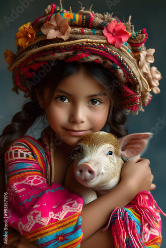 Girl with vibrant hat hugging a cute little piglet