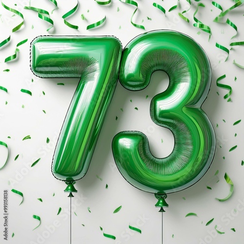 Green birthday / anniversary balloon, number 73, white background with confetti photo