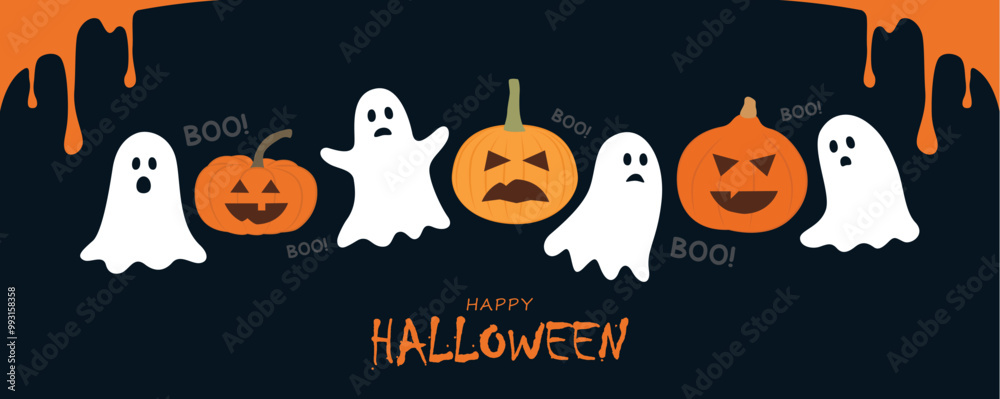Naklejka premium halloween banner with cute ghosts and pumpkins vector illustration