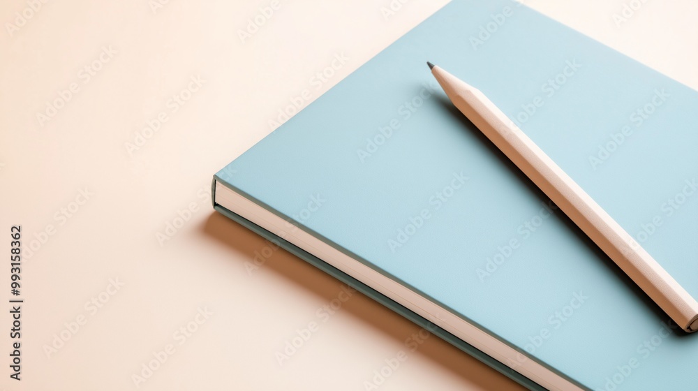 A serene workspace with a blue notebook and pencil resting on a neutral tabletop ready for writing or brainstorming. A serene workspace with a blue notebook and pencil resting on a neutral tabletop ready for writing or brainstorming.