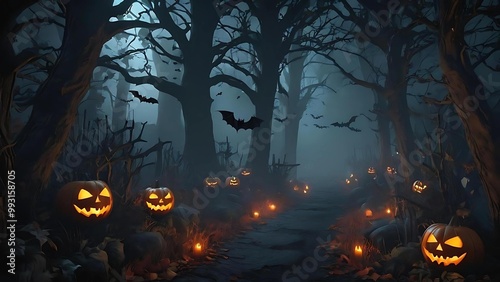 spooky halloween background in dark forest