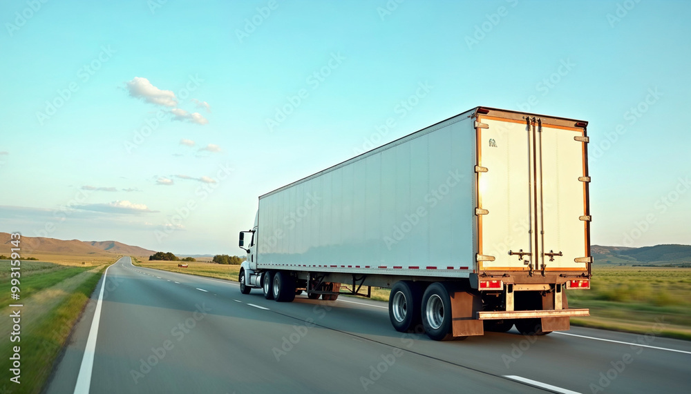 White truck on a wide U.S. highway with blank trailer ready for branding or text.
White truck on a wide U.S. highway with blank trailer ready for branding or text.
