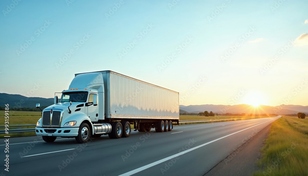 White truck on a wide U.S. highway with blank trailer ready for branding or text.
White truck on a wide U.S. highway with blank trailer ready for branding or text.