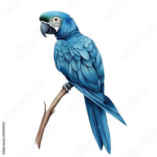 Vibrant blue parrot perched on a branch, showcasing intricate feather details and a striking appearance against a white isolated background. photo