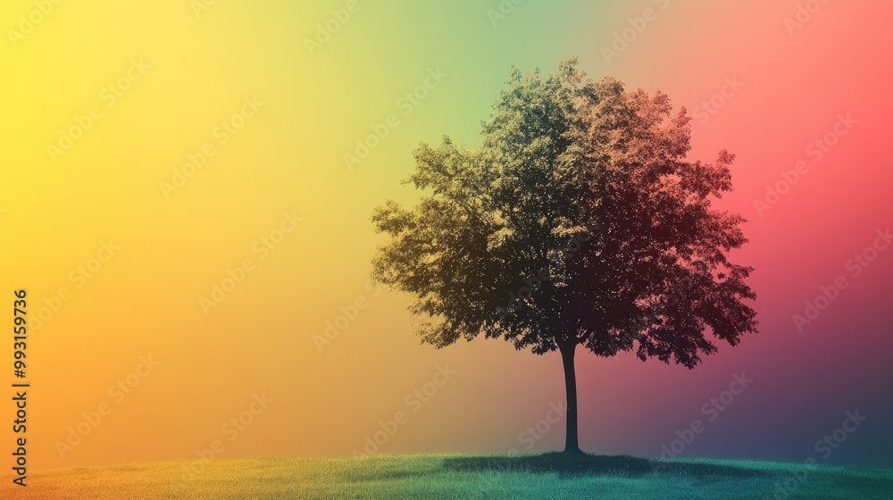 A single vibrant tree against a colorful gradient background, representing sustainability and eco-consciousness, with a clear area for text