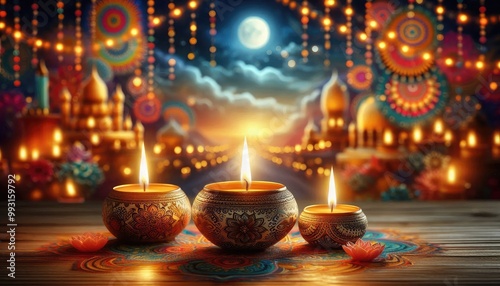 Three lit candles with intricate Indian-style decorations, surrounded by vibrant colors, soft blurred background of festive lights, celebrating Diwali