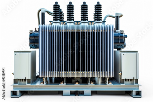 Large, modern, high voltage transformer is standing on a white background, showcasing its power and importance in electrical infrastructure photo