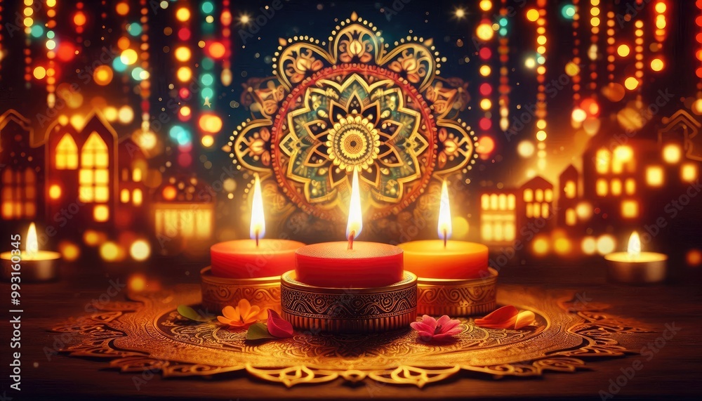 Obraz premium Three lit candles with intricate Indian-style decorations, surrounded by vibrant colors, soft blurred background of festive lights, celebrating Diwali
