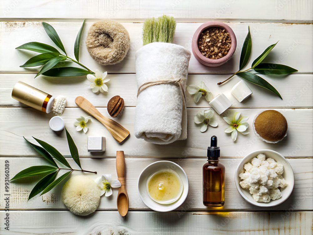 White themed Beauty products spa equipment background White themed Beauty products spa equipment background