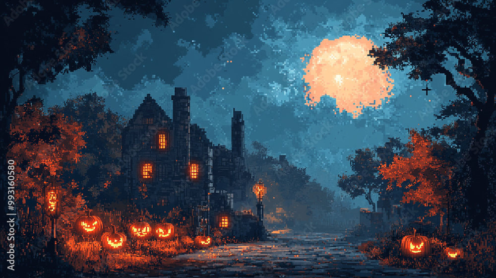illustration of 8 bit pixel halloween background illustration of 8 bit pixel halloween background