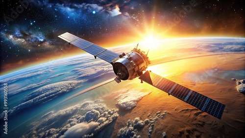 Fototapeta Naklejka Na Ścianę i Meble -  A stunning stock photo of a space satellite orbiting Earth at sunrise showcasing a wide angle view, sunrise, space travel,space, wide-angle, space station, satellite imagery