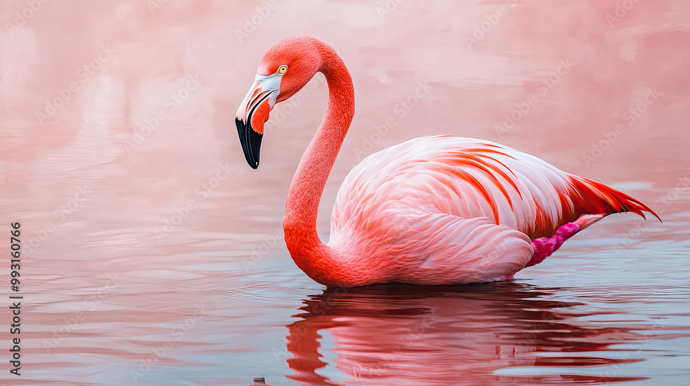 Fototapeta premium A beautiful pink flamingo gracefully swimming in tranquil waters.