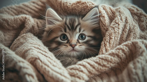 Adorable kitten cozily wrapped in a warm blanket, showcasing cute expressions and fluffy fur while lying in a comfortable setting.