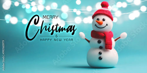 A cheerful snowman wearing a red hat and scarf stands against a blue background, wishing a Merry Christmas with festive lights. photo