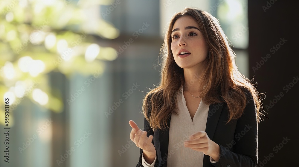 A woman is giving a presentation, engaging confidently with her audience in a modern, well-lit environment. A woman is giving a presentation, engaging confidently with her audience in a modern, well-lit environment.