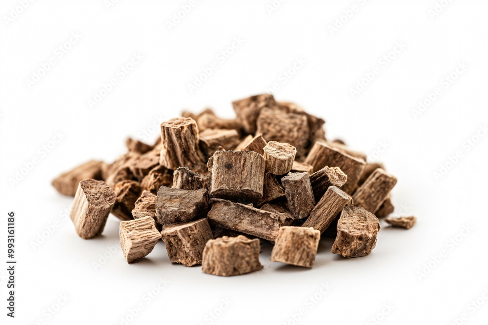 Heap of small compressed wood pellets is laying on a white background, suggesting their use as sustainable fuel Heap of small compressed wood pellets is laying on a white background, suggesting their use as sustainable fuel