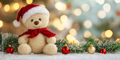 A festive teddy bear in a Santa hat sits among holiday decorations, exuding warmth and cheer in a cozy, Christmas atmosphere.