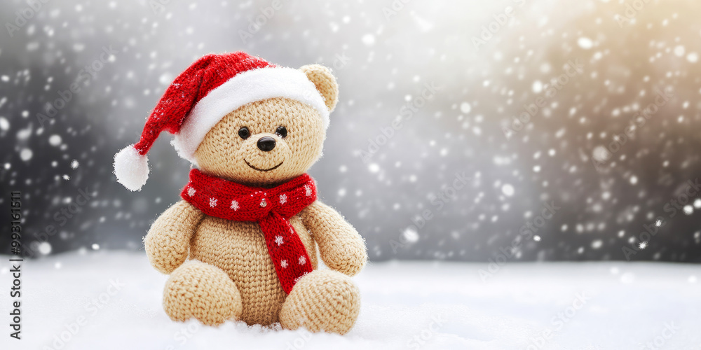 A cute teddy bear in a Santa hat and scarf sits in a snowy landscape, evoking a cozy, festive winter atmosphere. A cute teddy bear in a Santa hat and scarf sits in a snowy landscape, evoking a cozy, festive winter atmosphere.