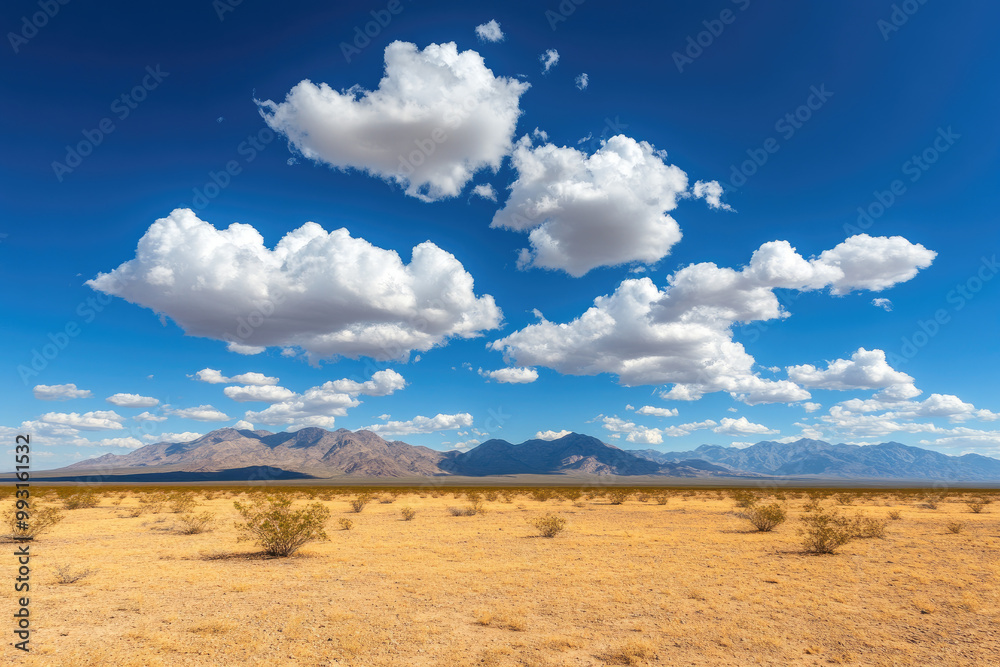 Desert landscape under a bright blue sky with fluffy clouds, serene and dry environment. Desert landscape under a bright blue sky with fluffy clouds, serene and dry environment.
