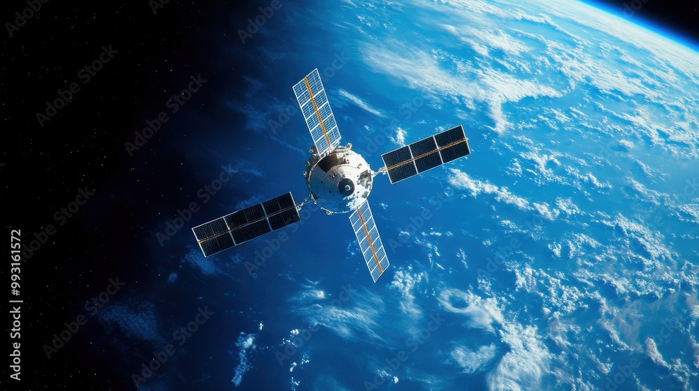 Fototapeta premium Satellite orbiting Earth, showcasing advanced technology in space exploration against a backdrop of blue planet and black space.