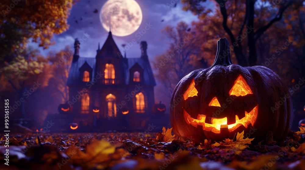 Halloween night scene with a glowing jack-o'-lantern and a haunted house and spooky forest in the background Halloween night scene with a glowing jack-o'-lantern and a haunted house and spooky forest in the background