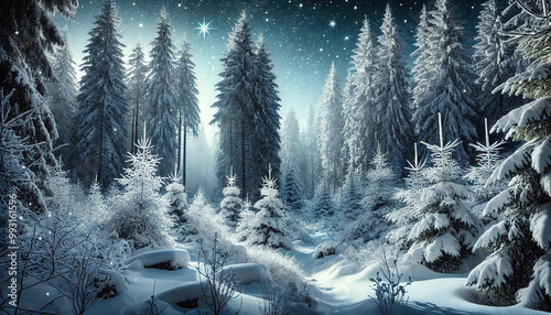 Magical Winter Forest Covered in Snow with Tall Evergreen Trees and Soft Snowfall. Pale Moonlight Illuminates the Scene, Creating a Mystical and Quiet Atmosphere Under Clear Night Sky. AI-generated