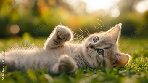 Adorable kitten lying on grass in sunlit garden, looking playful and curious. Perfect for pet lovers and animal-themed projects. photo