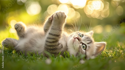 Adorable kitten lying on its back in the grass, enjoying a sunny day with bokeh lights in the background, showcasing innocence and playfulness. photo