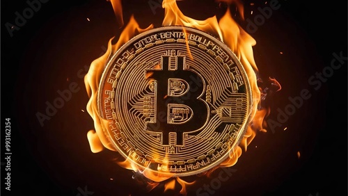 Bitcoin logo engulfed in flames against a black background, symbolizing the disruptive power of cryptocurrencies, Generative AI.
