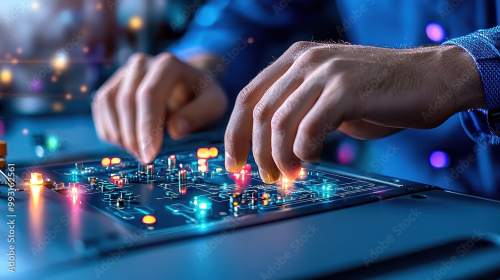Close-up of hands assembling electronic circuit board with glowing components.