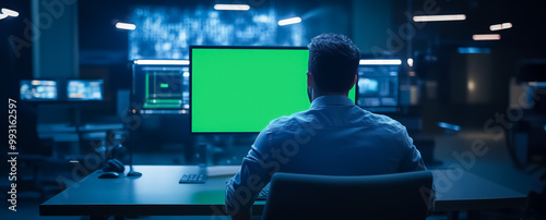 Wallpaper Mural A professional man working in a dark office, sitting in front of a computer monitor with a green screen, illuminated by blue and white ambient lighting. Torontodigital.ca