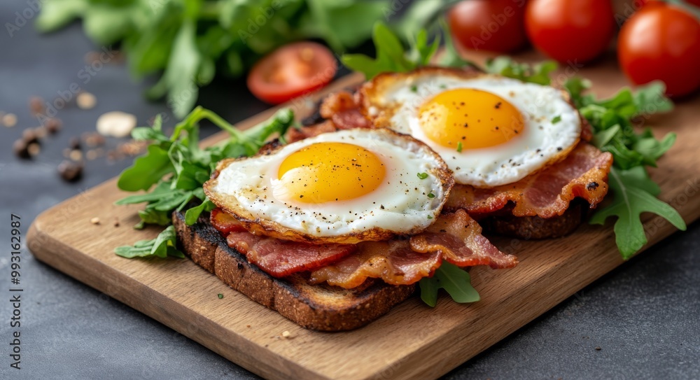 Delicious breakfast featuring eggs, bacon, and greens served on toasted bread slices Delicious breakfast featuring eggs, bacon, and greens served on toasted bread slices