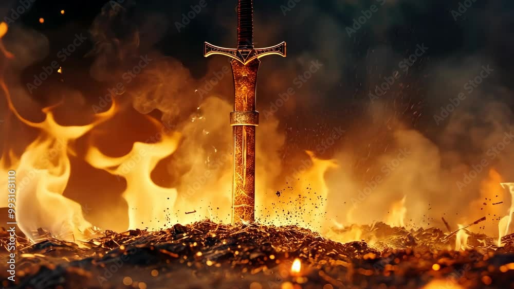 A sword stands tall in a bed of burning embers, illuminated by the fiery glow A sword stands tall in a bed of burning embers, illuminated by the fiery glow