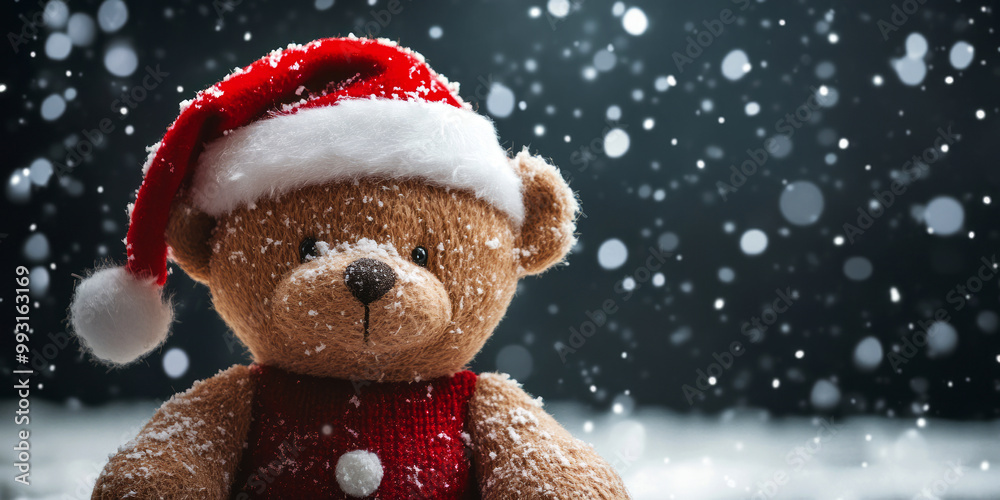 A snowy backdrop features a festive teddy bear wearing a Santa hat, evoking a warm holiday spirit and nostalgia. A snowy backdrop features a festive teddy bear wearing a Santa hat, evoking a warm holiday spirit and nostalgia.