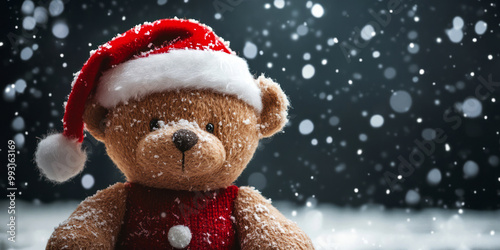 A snowy backdrop features a festive teddy bear wearing a Santa hat, evoking a warm holiday spirit and nostalgia.