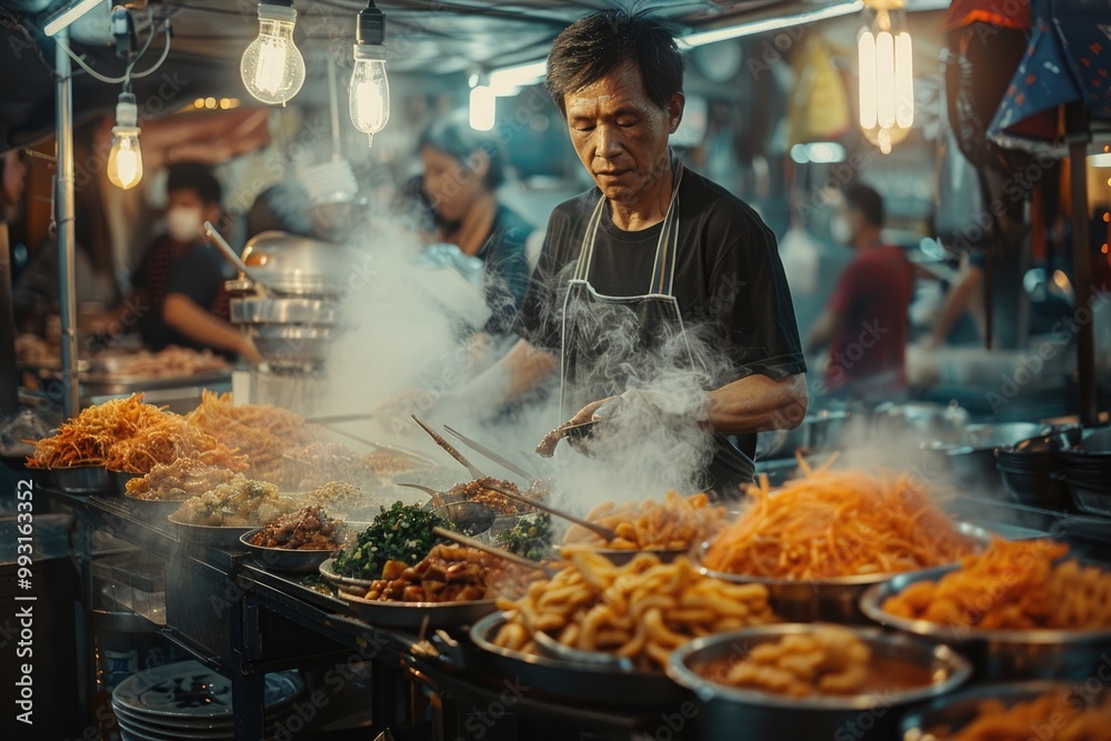Vibrant Asian Night Market Street Food Vendor Cooking Skewers Under Neon Lights