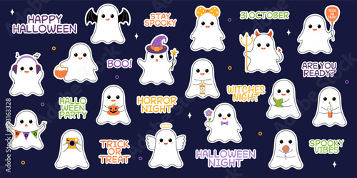 Happy Halloween sticker set with ghosts with different objects. Trendy flat style and funny Halloween characters. Collection of cute colorful cartoon vector isolated stickers.
